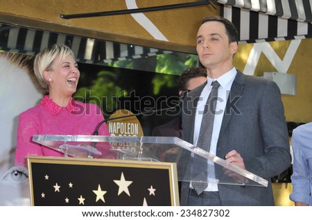 LOS ANGELES, CA - OCTOBER 29, 2014: Kaley Cuoco & co-stars from The Big Bang Theory - Jim Parsons & Simon Helberg - on Hollywood Blvd where she received a star on the Hollywood Walk of Fame.