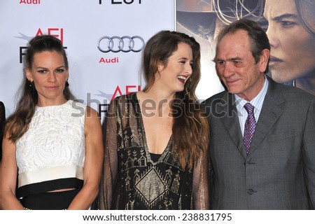 LOS ANGELES, CA - NOVEMBER 11, 2014: Hilary Swank, Grace Gummer & Tommy Lee Jones at the gala screening of their movie 