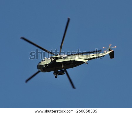 LOS ANGELES, CA - MARCH 12, 2015: Marine One VH-3D Sea King helicopter, carrying US President Barack Obama from Los Angeles International Airport to Burbank Airport.