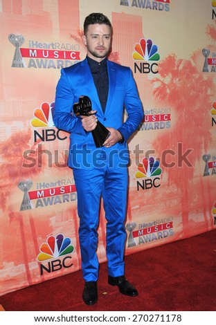 LOS ANGELES, CA - MARCH 29, 2015: Justin Timberlake at the 2015 iHeart Radio Music Awards at the Shrine Auditorium.