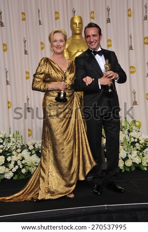 LOS ANGELES, CA - FEBRUARY 26, 2012: Meryl Streep & Jean DuJardin at the 82nd Academy Awards at the Hollywood & Highland Theatre, Hollywood.