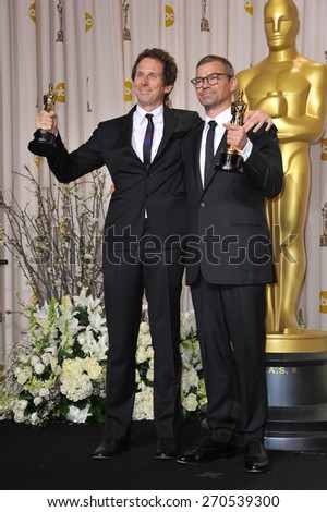 LOS ANGELES, CA - FEBRUARY 26, 2012: Kirk Baxter & Angus Wall, winner for Best Film Editing for The Girl With The Dragon Tattoo, at the 82nd Academy Awards at the Hollywood & Highland Theatre