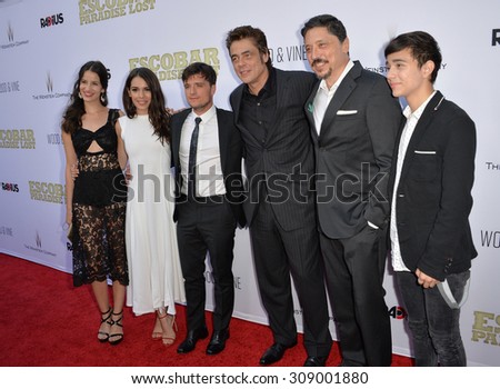 LOS ANGELES, CA - JUNE 22, 2015: Laura Londono (left), Claudia Traisic, Josh Hutcherson, Benicio Del Toro, Carlos Bardem & Micke Moreno at the premiere of \