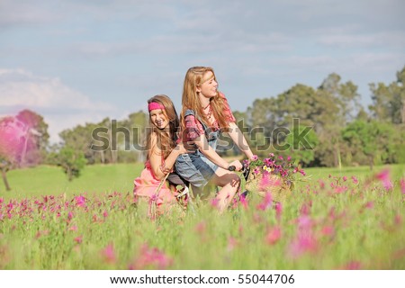 healthy happy natural girls in flower field