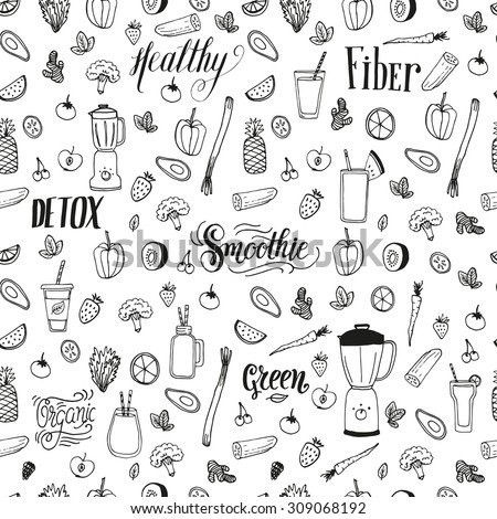 The detox and healthy eating concept. Hand drawn vector background for your design with raw vegetarian food and drinks. Seamless pattern.