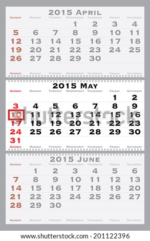 2015 may with red dating mark - current marked holiday is Mother's Day - vector illustration