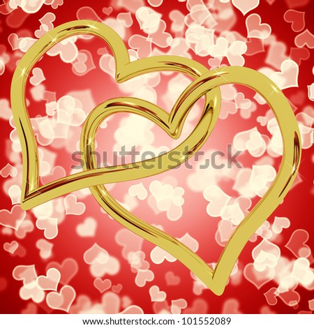 Gold Heart Shaped Rings On Red Bokeh Represents Love And Romance