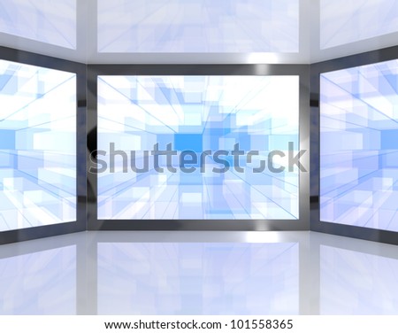 Big Blue TV Monitors Wall Mounted Representing High Definition Televisions Or HDTV