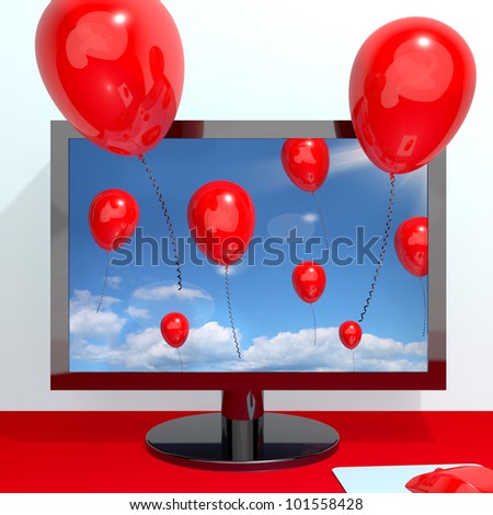Festive Red Balloons In The Sky And Coming Out Of Screen For Online Celebrations