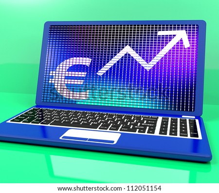 Euro Sign And Up Arrow On Laptop Shows Earnings Or Profit