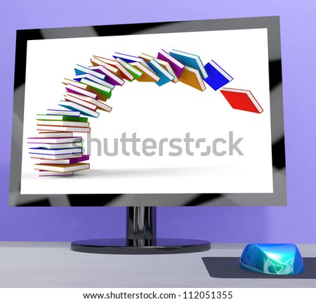 Stack Of Books Falling On Computer Showing Online Learning