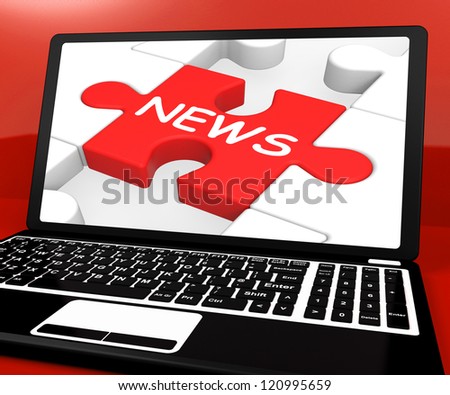 News Puzzle On Notebook Showing Digital Newspapers And Online Media