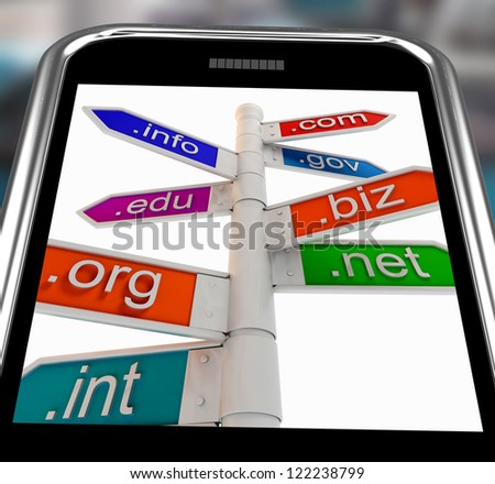 Domains On Smartphone Shows Internet Websites And Information Addresses