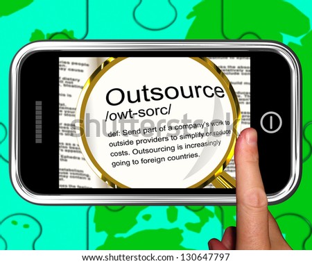 Outsource Definition On Smartphone Showing Freelance Jobs Or Subcontracts
