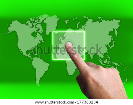 Hand Touch Touchscreen On World Map Showing Internet WWW