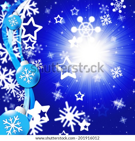 Blue Snowflakes Background Showing Bright Sun And Snowing
