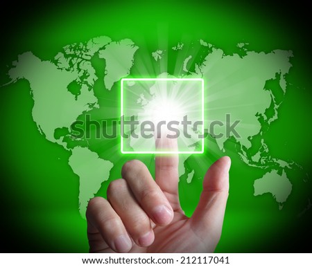 Hand Touch Touchscreen On World Map Showing Internet Web