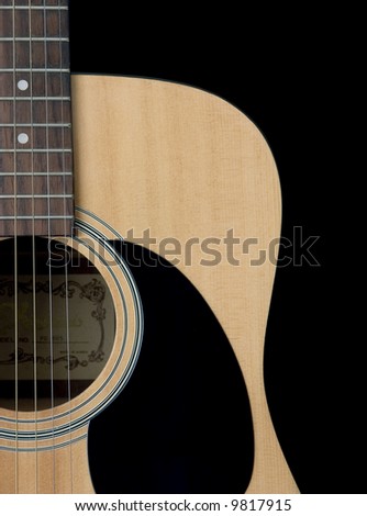 Acoustic guitar detail on a solid black background