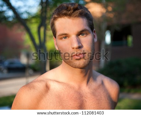 Handsome Shirtless Young Man Outside