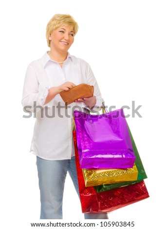 Senior woman with bags and wallet isolated