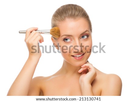 Young girl with makeup brush isolated