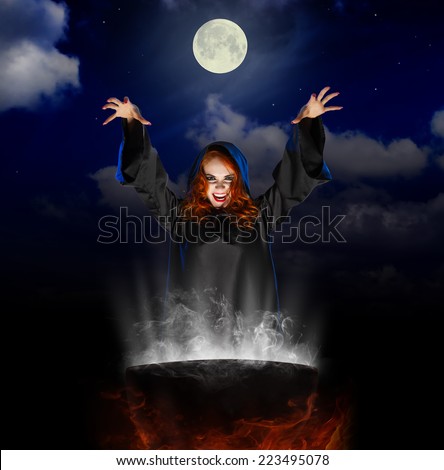 Young witch with cauldron on night sky background