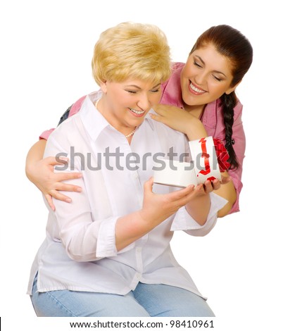 Young woman give gift to her mother isolated