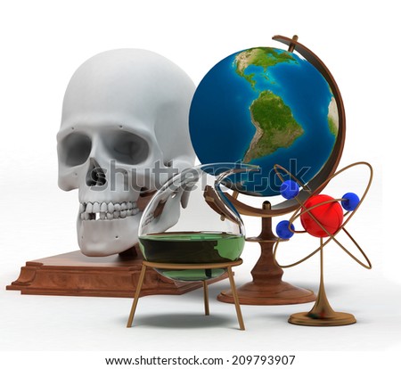 Set of objects that symbolize knowledge and skills in such sciences as physics, chemistry, anatomy etc. Elements of this image furnished by NASA