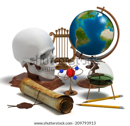 Set of objects that symbolize knowledge and skills in such sciences as history,  physics, chemistry, anatomy etc. Elements of this image furnished by NASA