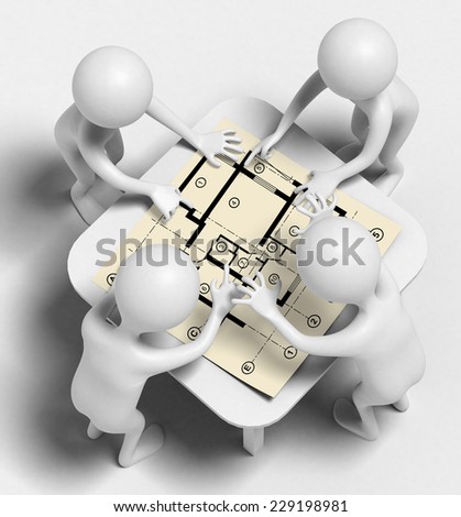Four funny characters as architects talk over draft. They stand around a table on which is a construction drawings apartments. 3d render