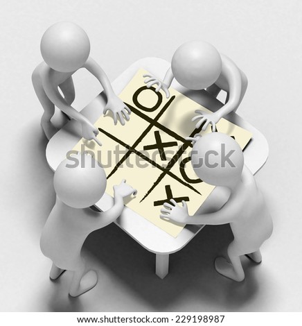 Four funny characters as strategists of games talk over sheet with noughts and crosses. 3d render