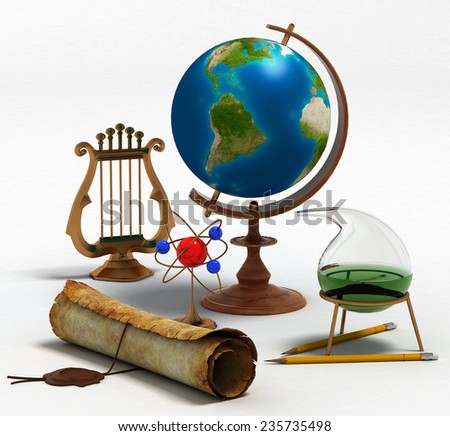Set of objects that symbolize knowledge and skills in such sciences as history, physics, chemistry etc. World map for globe furnished by NASA. 3d render