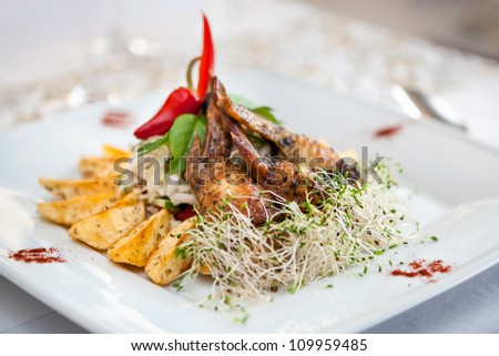 Chicken wings meat on a plate in restaurant. Baked diced potatoes, vegetables and sprouts, around with spices.