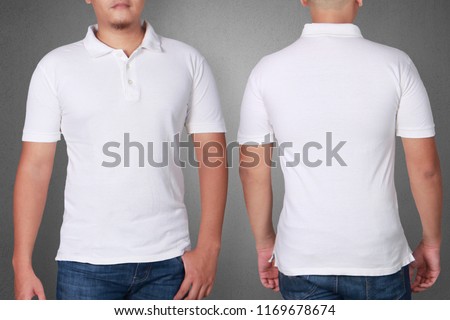 White polo t-shirt mock up, front and back view. Male model wear plain white shirt mockup. Polo shirt design template. Blank tees for print