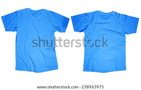 Wrinkled blank light blue t-shirt template, front and back design isolated on white