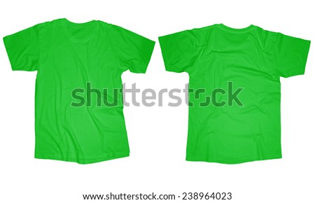 Wrinkled blank light green t-shirt template, front and back design isolated on white