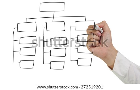 Business concept image of a hand holding marker and draw empty Structure Diagram isolated on white