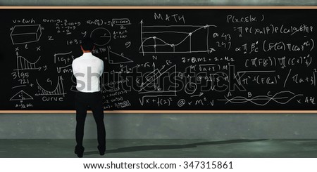 Businessman thinking and standing facing on large blackboard with math equivalents written on it