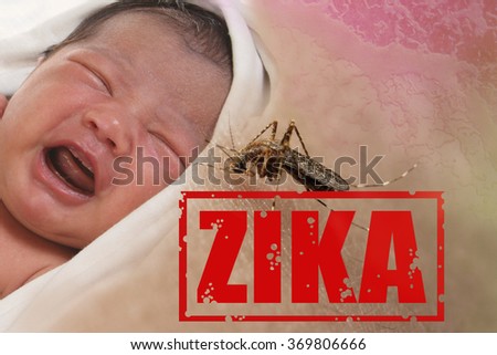Health issue concept, image of crying baby bitten by Aedes Aegypti mosquito as Zika Virus carrier