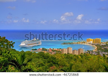 View over Ocho Rios port town, Jamaica, with anchored cruise liner
