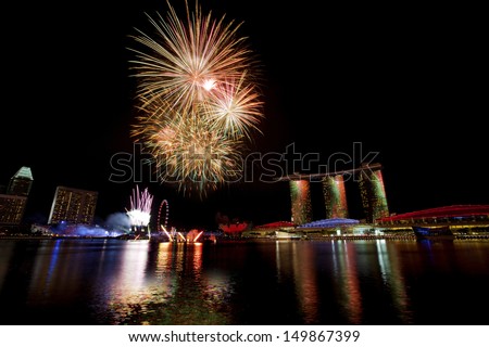 Fireworks over Marina bay in Singapore