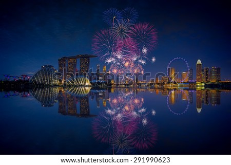 Fireworks over Marina bay in Singapore on National day rehearsal