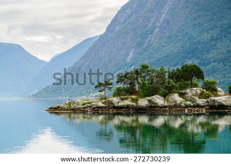 Small rocky and pine island with mountains background at norwegian fjord