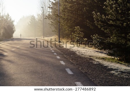 Curvy pedestrian road with man silhouette on sunny morning