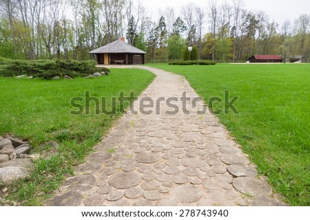 Wooden walk path closeup in recreation camping site