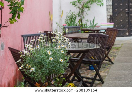 Outdoor terrace on courtyard with wooden furniture and camomile