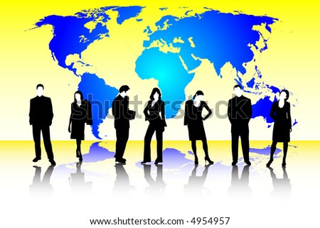A group of business people with a  world behind them