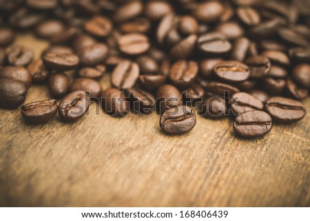 Coffee beans on a rustic wooden background