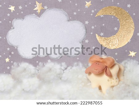 symbol of 2015 handmade sheep in the clouds,  textile background with stars and moon