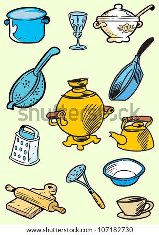 The illustration shows kitchen utensils in a cartoon style. Drawing done on  separate layers. - Stock Image - Everypixel